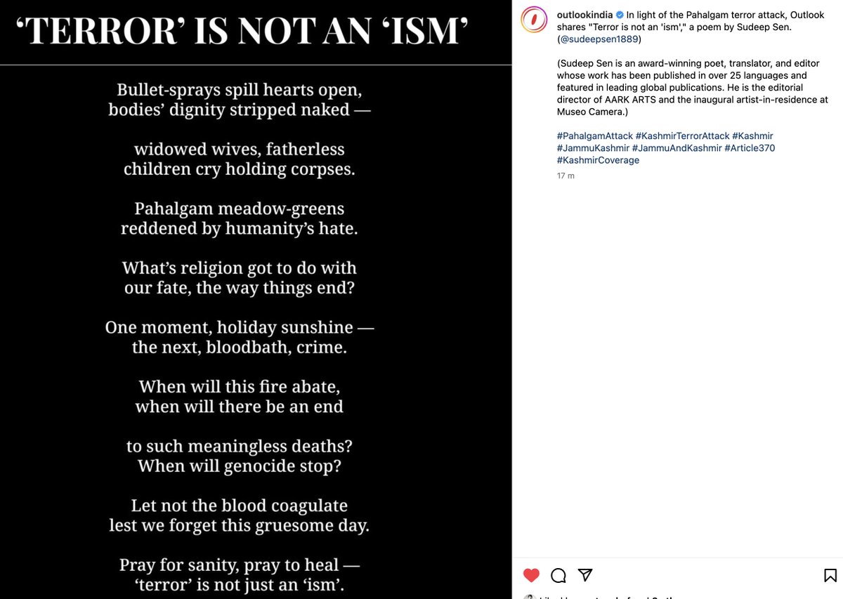 Sudeep Sen (@sudeepsennet) on Twitter photo 'Terror' is not an 'ism' -- a new poem by Sudeep Sen in <a href="/Outlookindia/">Outlook India</a> magazine.
#PahalgamTerroristAttack <a href="/sahityaakademi/">Sahitya Akademi</a> <a href="/ilya_poet/">Ilya Kaminsky</a> @CarolynForche <a href="/ranjithoskote/">Ranjit Hoskote</a> <a href="/cpsurendran/">cpsurendran</a> <a href="/PoetrySociety/">The Poetry Society</a> <a href="/PoetryFound/">Poetry Foundation</a> <a href="/PoetryDayUK/">National Poetry Day</a> <a href="/PippaRannBooks/">Pippa Rann Books & Media (PRBM)</a> <a href="/PoetryBookSoc/">PoetryBookSoc</a> <a href="/rashtrapatibhvn/">President of India</a> <a href="/narendramodi/">Narendra Modi</a> 'Terror' is not an 'ism' -- a new poem by Sudeep Sen in <a href="/Outlookindia/">Outlook India</a> magazine.
#PahalgamTerroristAttack <a href="/sahityaakademi/">Sahitya Akademi</a> <a href="/ilya_poet/">Ilya Kaminsky</a> @CarolynForche <a href="/ranjithoskote/">Ranjit Hoskote</a> <a href="/cpsurendran/">cpsurendran</a> <a href="/PoetrySociety/">The Poetry Society</a> <a href="/PoetryFound/">Poetry Foundation</a> <a href="/PoetryDayUK/">National Poetry Day</a> <a href="/PippaRannBooks/">Pippa Rann Books & Media (PRBM)</a> <a href="/PoetryBookSoc/">PoetryBookSoc</a> <a href="/rashtrapatibhvn/">President of India</a> <a href="/narendramodi/">Narendra Modi</a>