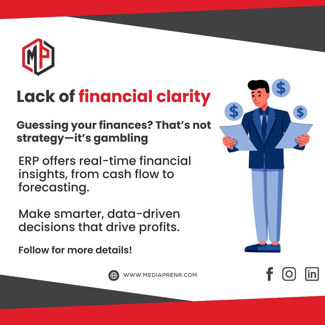 MPrenr's tweet photo. Lack of financial clarity

 “Guessing your finances? That’s not strategy—it’s gambling. 💸🎲”

 ERP offers real-time financial insights, from cash flow to forecasting.

 #ERPFinance #BusinessGrowth #FinanceManagement #FridayFacts #SmartDecisions #ProfitBoost https://t.co/XoOAVzSpLW