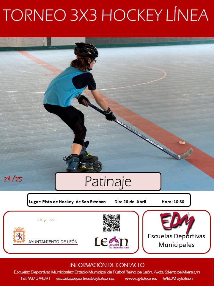 Las Escuelas Deportivas Municipales del Ayuntamiento de León, va a organizar el evento:

‘TORNEO 3x3 HOCKEY LINEA’
Día: 26 de abril 2025
Horario: 10:30-14:00
Lugar: Pista “Hockey San Esteban”
<a href="/LeonAyto/">Ayuntamiento de León</a> , #leonesp , #EDMLeon , #aytoleon ,
<a href="/EDM_aytoleon/">EDM-León</a>