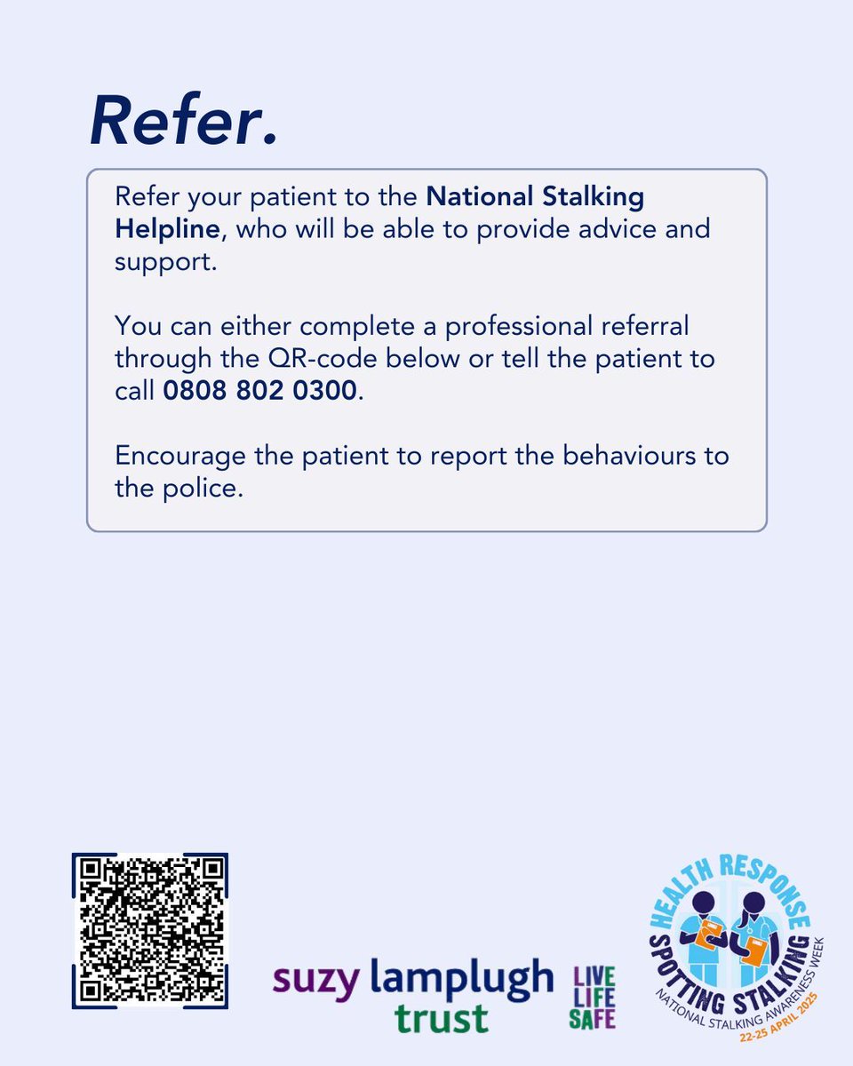 Symptoms of stalking might not be immediately visible. 

Learn to spot the signs of stalking and help refer victims to expert services such as the National Stalking Helpline at 📞0808 802 0300

 #SpottingStalking #NSAW2025