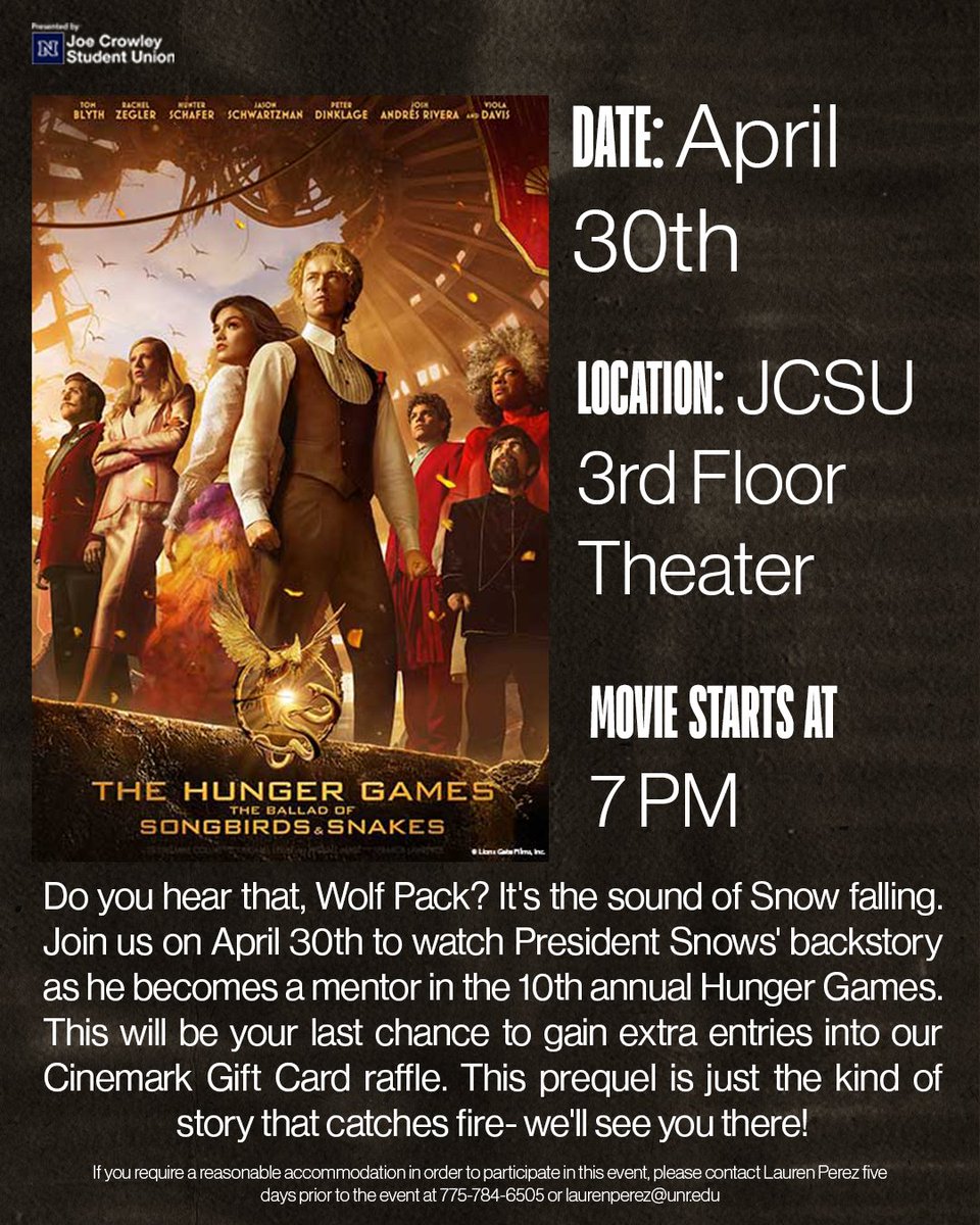 Hey Wolf Pack! Join us Wednesday, April 30 for the epic conclusion of the Hunger Games saga! Trivia kicks off at 6:30pm, followed by the film at 7:00pm. Don’t miss your last chance to enter the raffle and see where Snow’s story begins! See you there 🐺