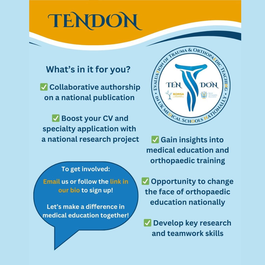 Medical Students – have you signed up yet? BOA &amp; <a href="/BOMSA_UK/">British Orthopaedic Medical Students Association</a> has launched the TENDON Study! The first UK-wide study assessing orthopaedic education in medical schools. SIGN UP NOW: bomsa.org.uk/tendon-study