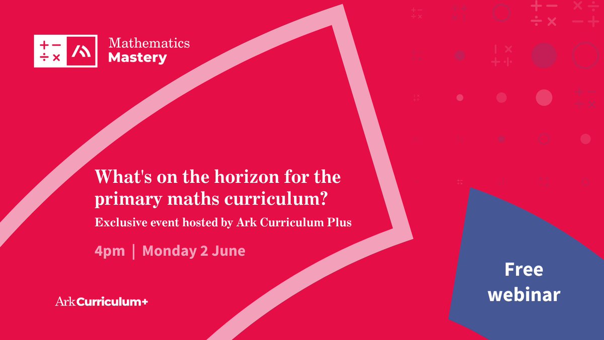 Mathematics Mastery (@mathsmastery) on Twitter photo 📣 Exclusive Ark Curriculum Plus #primarymaths webinar 2 June.
Panellists will discuss possible changes from the Curriculum & Assessment Review:
<a href="/DrHelenDrury/">Helen Drury</a>
Peter Foulds <a href="/LingfieldTrust/">Lingfield Education Trust</a>
Palesa Gunn <a href="/KSA_allthrough/">King Solomon Academy</a>
Aidan Gollaglee <a href="/LSE_MathsHub/">London South East+ Maths Hub</a>
Join us: ow.ly/guyF50VFyGt 📣 Exclusive Ark Curriculum Plus #primarymaths webinar 2 June.
Panellists will discuss possible changes from the Curriculum & Assessment Review:
<a href="/DrHelenDrury/">Helen Drury</a>
Peter Foulds <a href="/LingfieldTrust/">Lingfield Education Trust</a>
Palesa Gunn <a href="/KSA_allthrough/">King Solomon Academy</a>
Aidan Gollaglee <a href="/LSE_MathsHub/">London South East+ Maths Hub</a>
Join us: ow.ly/guyF50VFyGt