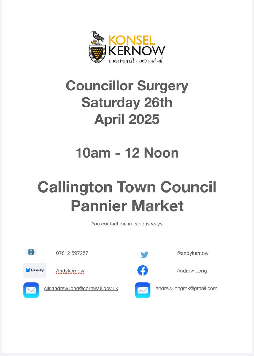 Tomorrow I am holding another Cllr Surgery at the <a href="/CallingtonTC/">Callington TC</a> Pannier Market from 10am 12 Noon <a href="/MebyonKernow/">The Party for Cornwall</a>