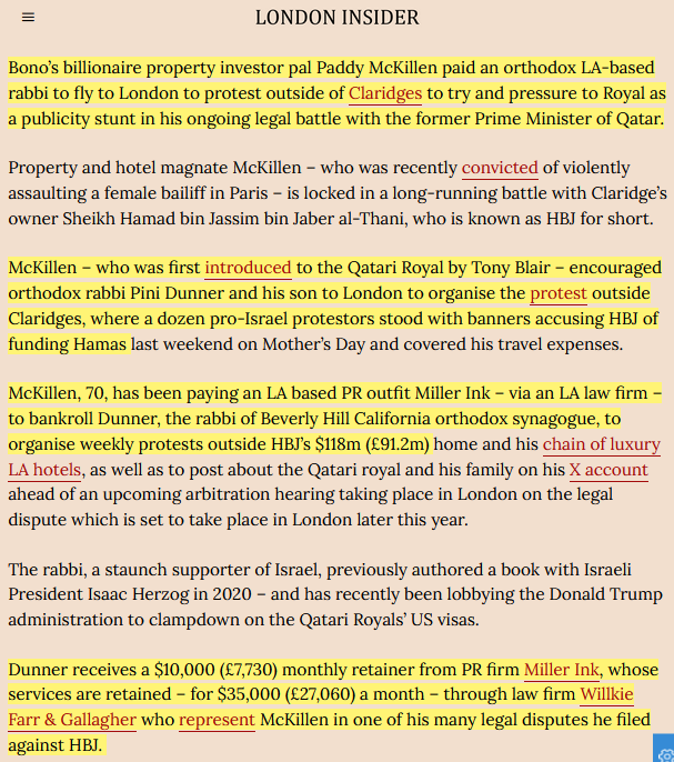 Hankrob_'s tweet photo. False claims linking Qatar to Hamas stem from billionaire Paddy McKillen’s feud w/ ex-Qatari PM Sheikh HBJ. He pays #PiniDunner $10K/mo via PR firm #MillerInk to stage protests &amp; smear Sheikh HBJ. 
A reminder that anti-Qatar noise is often just paid drama.
https://t.co/u36YC8qtyg https://t.co/ishYvuyJXT