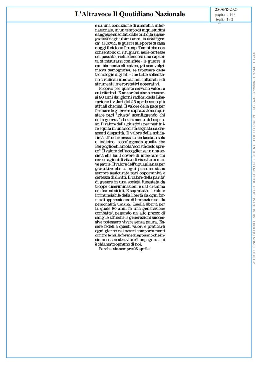 In un mondo percorso da guerre, cambiamenti radicali, paure e inquietudini servono valori forti a cui riferirsi. E i valori del #25aprile sono più attuali che mai. Farli vivere ogni giorno è l'impegno a cui ciascuno di noi è  chiamato. Affinché sia 25 aprile sempre! 
Ne ho