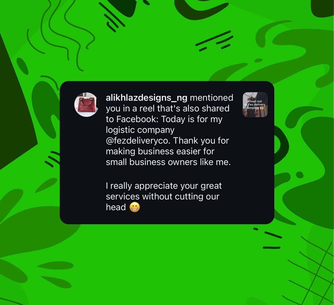 Thank you for your kind words but much more thank you for choosing Fez Delivery💚🚀. 

#fezdeliveryco #Feztimonials