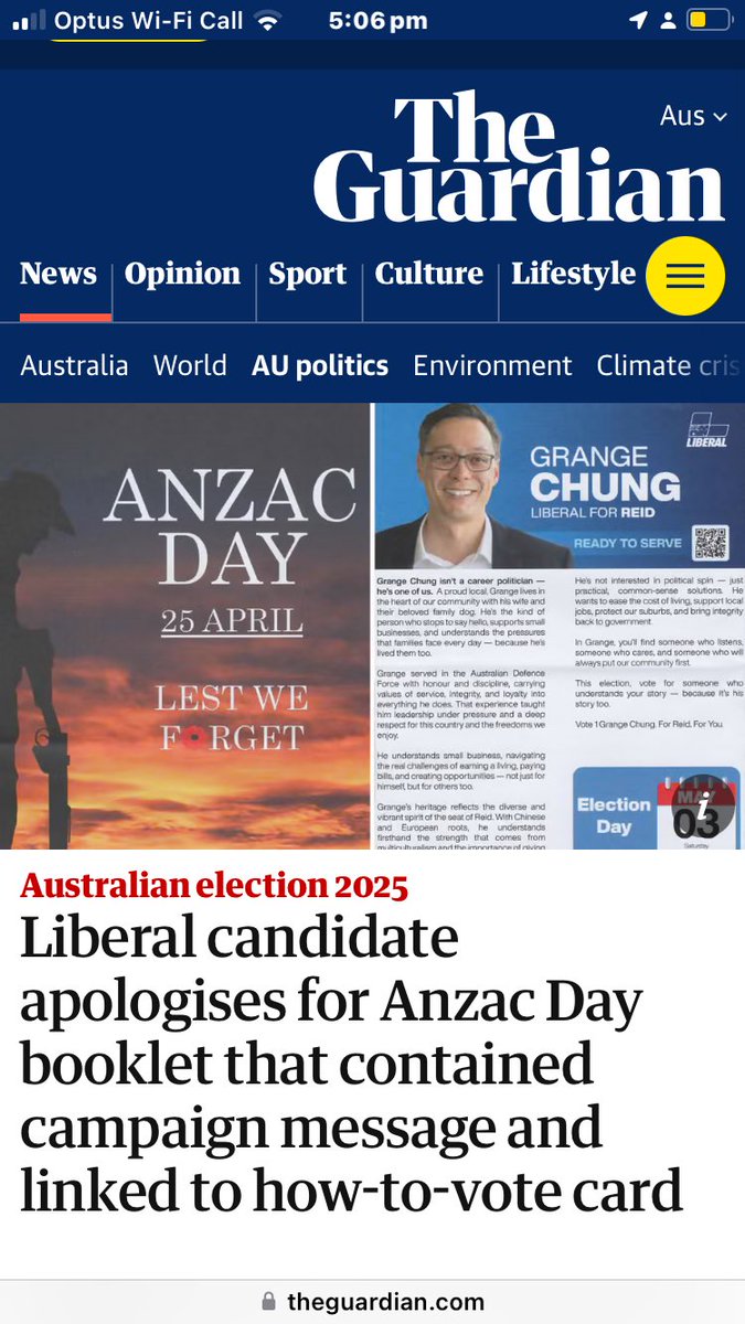 TimFrank34's tweet image. The Lib candidate for Reid who was on his phone during the ANZAC ceremony is the same Grange Chung who used an ANZAC DAY ceremony booklet as a @LiberalAus leaflet.

They don’t care about us.

#Disgraceful
#NoRespect
#auspol