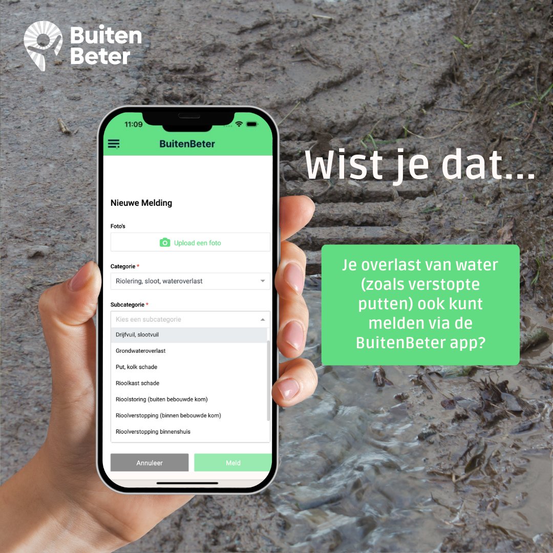 Wist je dat je via de BuitenBeter app niet alleen ongemakken zoals zwerfafval of kapotte stoeptegels kunt melden, maar ook wateroverlast?💡Denk aan:
verstopte putten, ondergelopen straten of water dat niet wegloopt. Zie je wateroverlast in jouw buurt? Meld het bij BuitenBeter! 📲