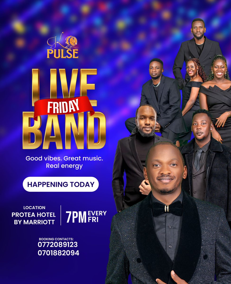 kpulseband's tweet photo. Unleash the Friday Fever! 🔥 K-Pulse Band brings the house down at @ProteaKampalaH this Friday at 7 PM! 🎵 Expect an electrifying live performance that will leave you breathless! 💥 Get ready to sing along, dance, and make unforgettable memories! #KPulseLive #ProteaHotelKampala #LiveMusic