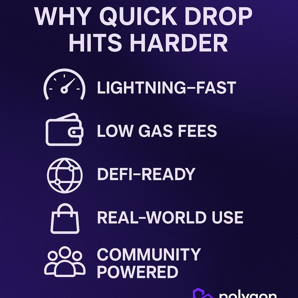 quickdrop_hq's tweet photo. “Why Quick Drop Hits Harder”

A 5-point layout visualizing:

1. Speed gauge icon → Lightning-fast

2. Wallet icon → Low gas fees

3. Network/web icon → DeFi-ready

4. Globe or shopping bag → Real-world use

5. Crowd or chat bubble → Community powered https://t.co/BF8ODXoJdl