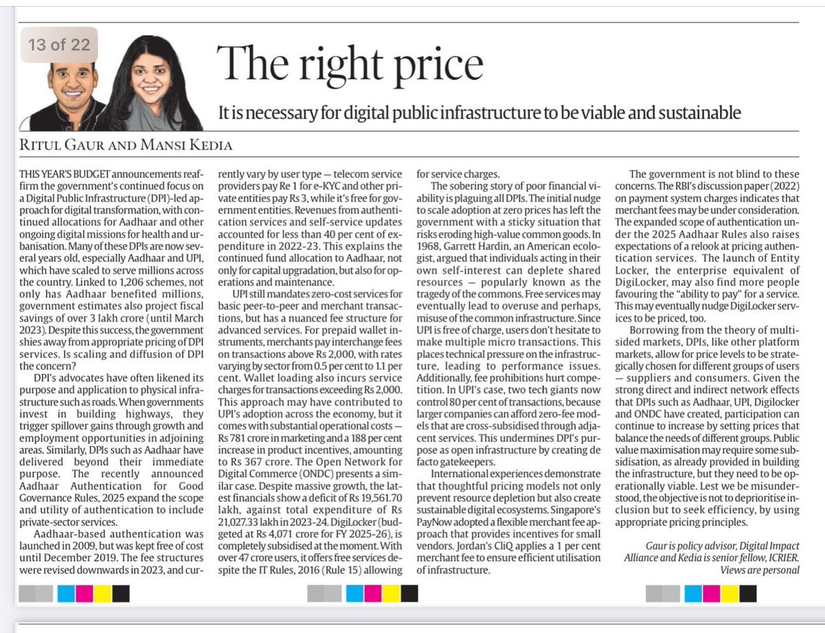 Ritul Gaur (@gaurritul) on Twitter photo Ever wondered who foots the bill for every UPI transaction you make? Or when you fetch a document from DigiLocker?
<a href="/emke08/">Mansi Kedia</a> and I examine the government’s role in subsidizing DPI and unpacking its rationale and long-term implications.
indianexpress.com/article/opinio… Ever wondered who foots the bill for every UPI transaction you make? Or when you fetch a document from DigiLocker?
<a href="/emke08/">Mansi Kedia</a> and I examine the government’s role in subsidizing DPI and unpacking its rationale and long-term implications.
indianexpress.com/article/opinio…