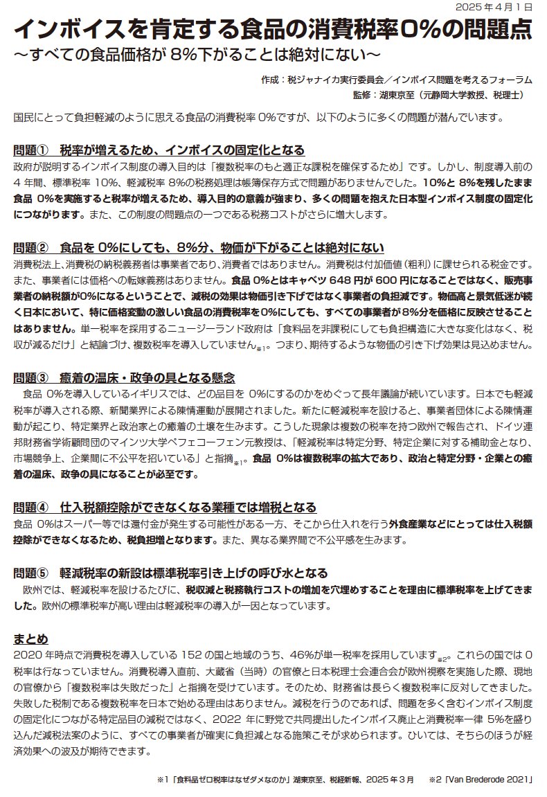 全然【朗報】では、ありません
食料品の消費税ゼロはダメです
#消費税は一律減税か廃止 
#インボイスは廃止が最良策 
ダメな理由はこちら（画像）