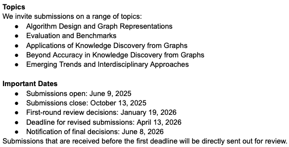 Our proposed SI on “Knowledge Discovery from Graphs” in #Springer Data Mining and Knowledge Discovery (IF: 2.8) will soon open for submissions (tinyurl.com/y2phcy3y)!

Guest editors: <a href="/ludovicoboratto/">Ludovico Boratto</a> <a href="/dmalitesta/">Daniele Malitesta</a> <a href="/frank8m/">Fragkiskos Malliaros</a> <a href="/mirkomarras/">Mirko Marras</a> <a href="/jackmedda/">Giacomo</a> Cataldo Musto <a href="/erasmopurif11/">Erasmo Purificato</a>

⤵️