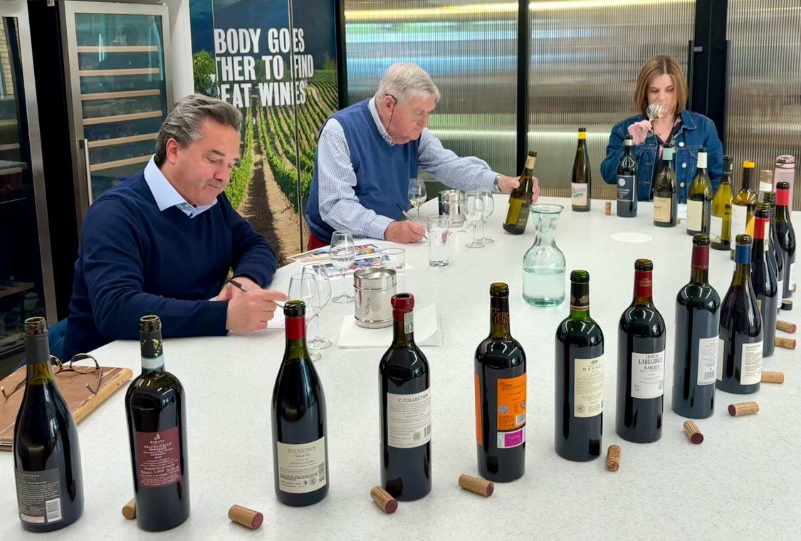 Deep in thought. Selecting wines for the Hugh Johnson selection at The Sunday Times Wine Club..