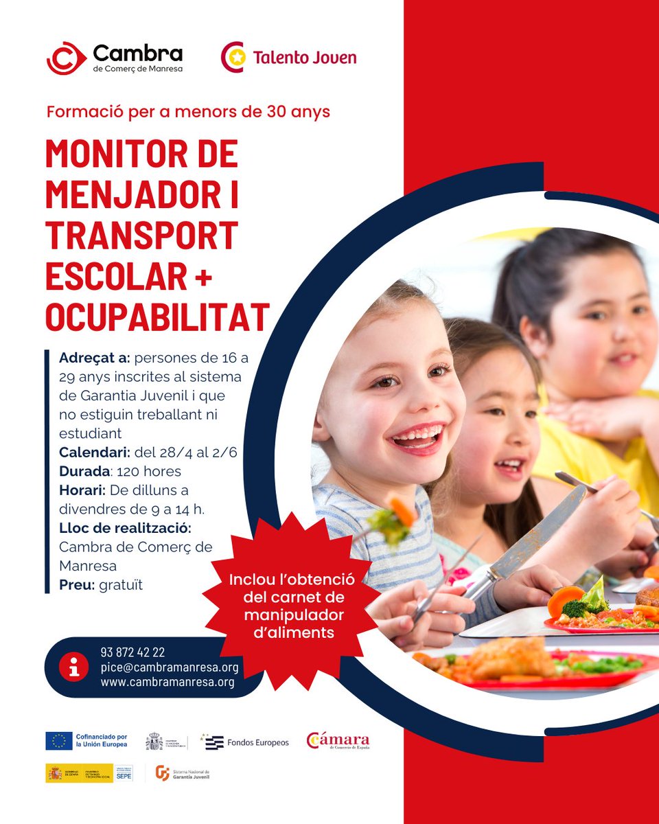 Cambramanresa (@cambramanresa) on Twitter photo 🍽️ Vols treballar de monitor de menjador o transport escolar i aconseguir el carnet de manipulador d'aliments?
🚀 Aprofita el nou #curs #gratuït del programa Talento Joven!
📅 Comencem el 28 d'abril
ℹ️ pice@cambramanresa.org
#joves #Manresa #Europasesiente
<a href="/FondosUE_Esp/">Fondos Europeos en España</a> 🍽️ Vols treballar de monitor de menjador o transport escolar i aconseguir el carnet de manipulador d'aliments?
🚀 Aprofita el nou #curs #gratuït del programa Talento Joven!
📅 Comencem el 28 d'abril
ℹ️ pice@cambramanresa.org
#joves #Manresa #Europasesiente
<a href="/FondosUE_Esp/">Fondos Europeos en España</a>