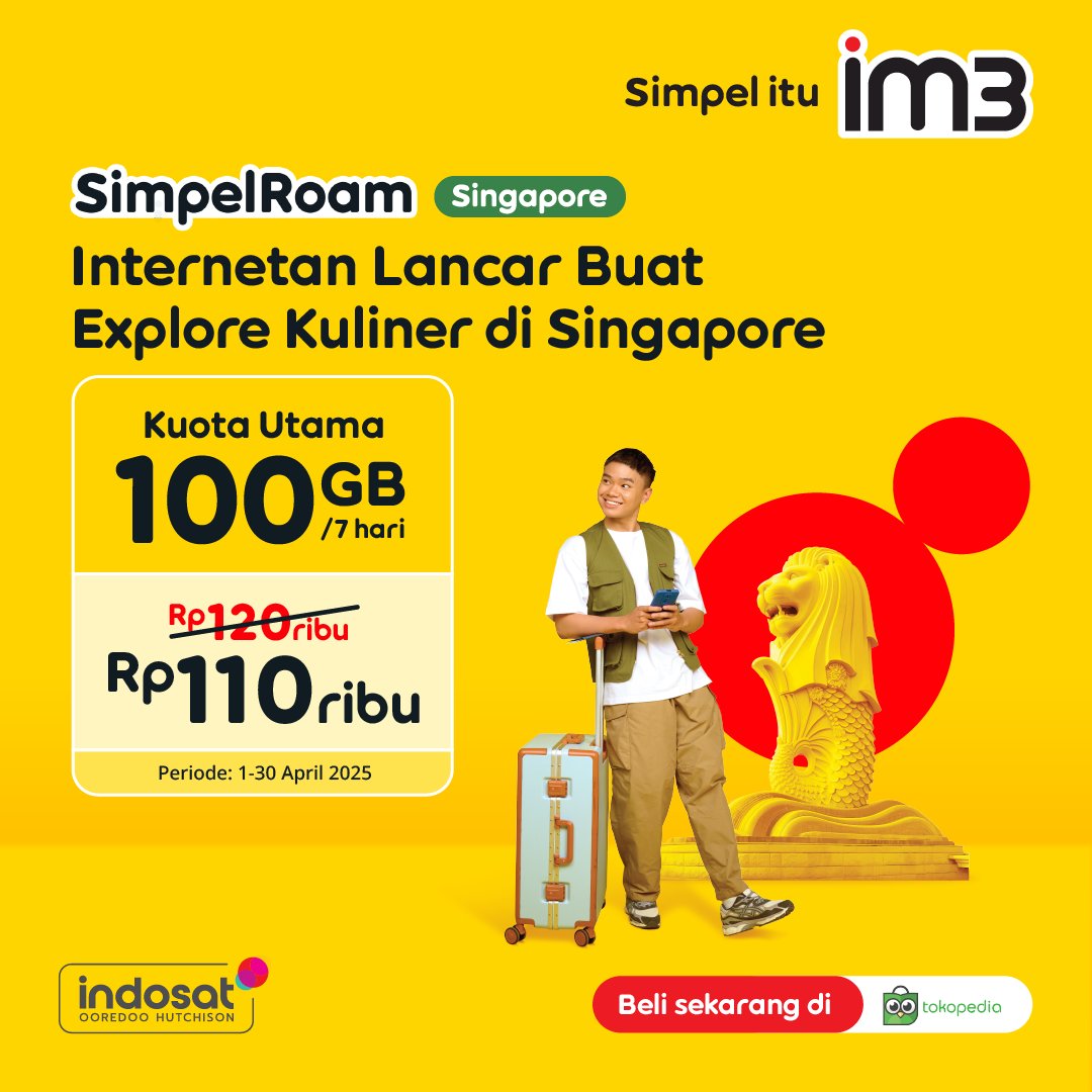 indosatim3's tweet photo. Jalan-jalan dan kulineran di Singapore makin asik dengan SimpleRoam!
Dapatkan kuota utama 100GB cuma Rp110 ribu aja, internetan lancar tanpa batas!
Buruan beli di Tokopedia sebelum 30 April! ๐ฑ
#SimpleItuIM3 https://t.co/IZo67Glo6g
