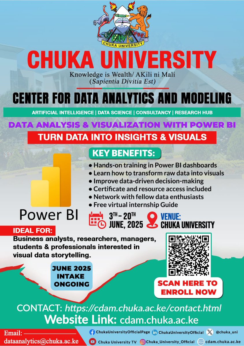 chuka__uni's tweet photo. Enhance your skills with our Center for Data Analytics and Modelling courses!

Visit https://t.co/2DO5IVGNFA to apply
#knowledgeiswealth #chukauniversity #centerfordataanalyticsandmodeling https://t.co/48vs5Yt5XK #cdam.chuka.ac.ke https://t.co/7zFgYbFnqX