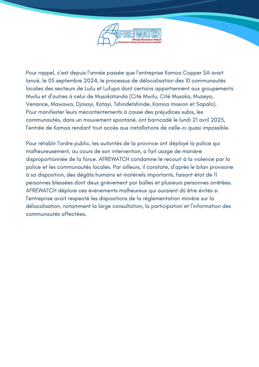 #CommuniquéDePresse : AFREWATCH appelle l’entreprise Kamoa Copper SA à reprendre le processus de délocalisation de 10 communautés locales des secteurs de Luilu et Lufupa conformément aux dispositions des Code et règlement miniers sur la délocalisation, l’indemnisation, la