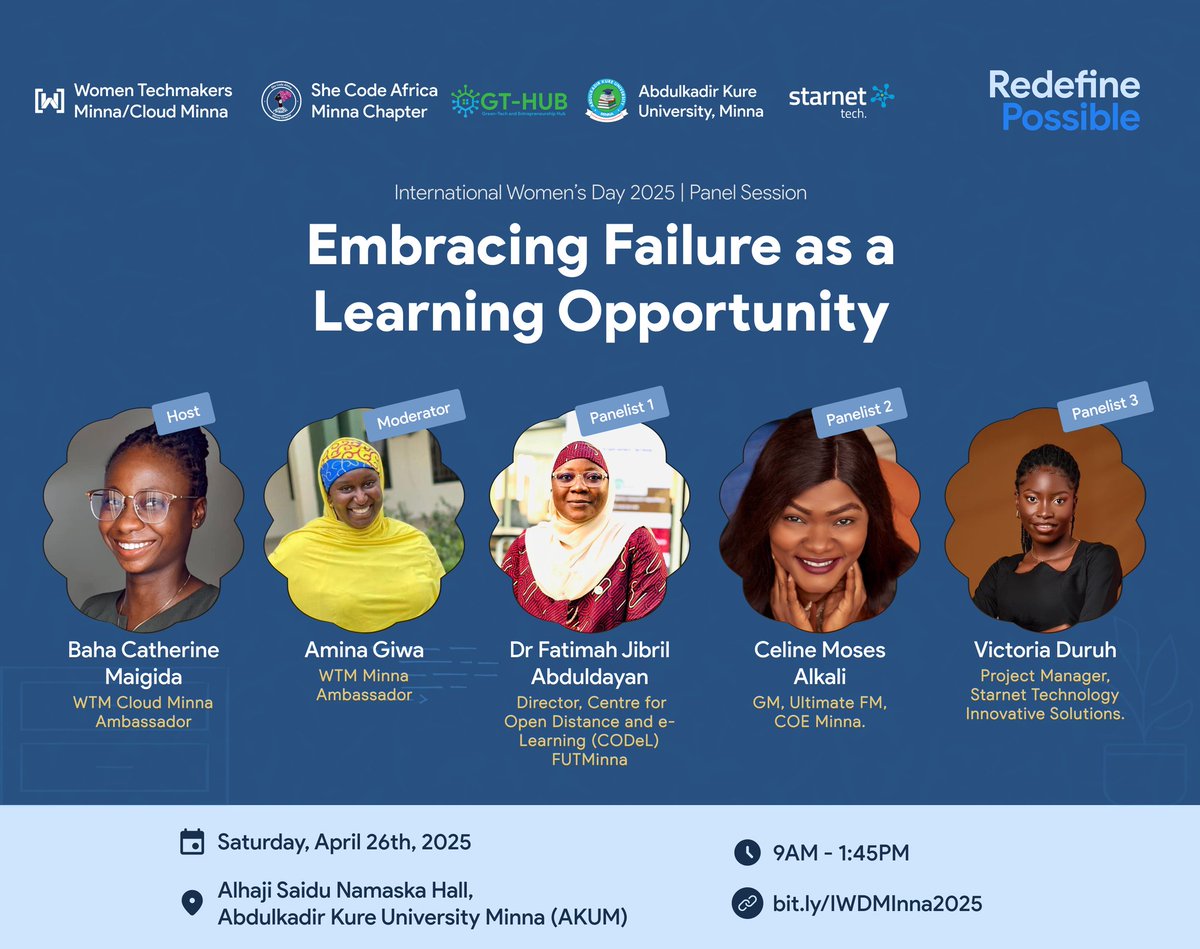 Meet our admirable panelists🥰🥰, amazing, beautiful and intelligent Women in Tech, <a href="/FJ_Dayan/">Dr. Fatimah Jibril Abduldayan</a>, Celine Moses Alkali and @victoria_duru, who will be discussing on the topic: "Embracing Failure as a Learning Opportunity".