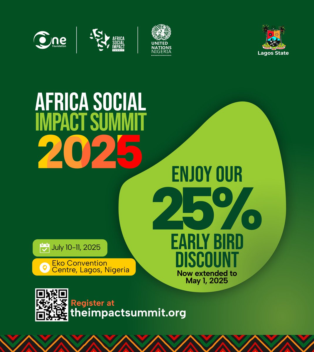 ICYMI:
The early bird window for the Africa Social Impact Summit 2025 has been extended. Because more leaders, more builders, and more institutions asked for time. And because this platform exists to deliver the outcomes Africa urgently needs

Register, theimpactsummit.org