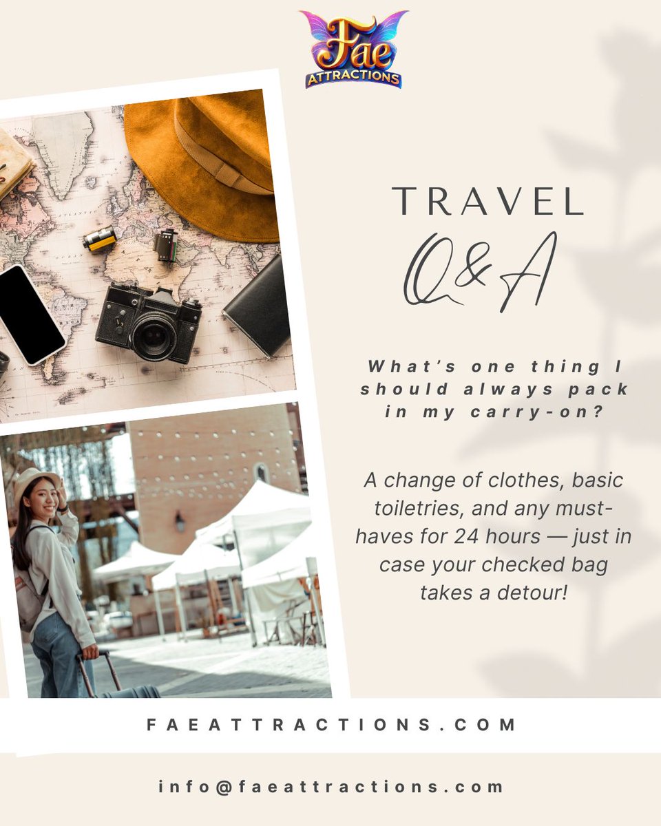 faeattractions's tweet photo. Luggage taking a detour? 😅

Pack a change of clothes, toiletries, &amp; essentials in your carry-on — just in case.

Got a go-to travel tip or question you’ve always wanted to ask? Drop it in the replies — it could be featured next!

📍 https://t.co/Pllyz0ENGL https://t.co/sr2tfyHuqV