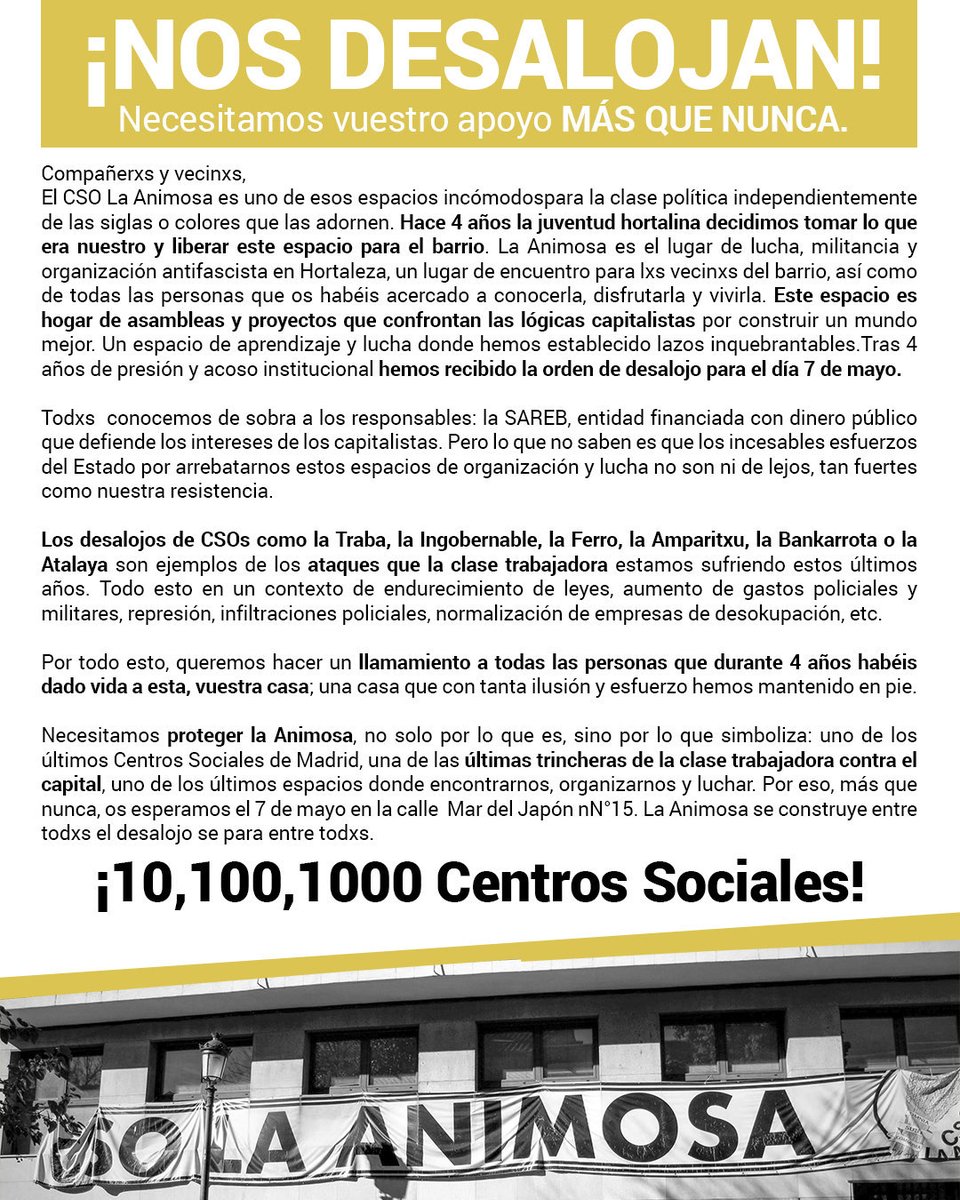 ACABAR CON EL LUGAR EN EL QUE EMPIEZA TODO: es el objetivo que tiene la SAREB. Hace casi 4 años de la creación de este espacio común de existencia, formación, ocio, deporte. 
Os esperamos defendiendo aquello que es y será siempre nuestro, el 7 de mayo desde las 6am.