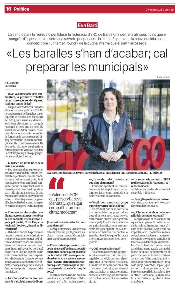 evabaror's tweet photo. "Les baralles s‘han d’acabar; cal preparar les municipals".

Avui explico per què "ENDAVANT, BARCELONA!" és l'única candidatura que opta a dirigir @ERCbcn amb voluntat de sumar a tothom, mirar endavant i construir el projecte que #Barcelona necessita. A @elperiodico_cat 👇 https://t.co/XxHu3tmadk
