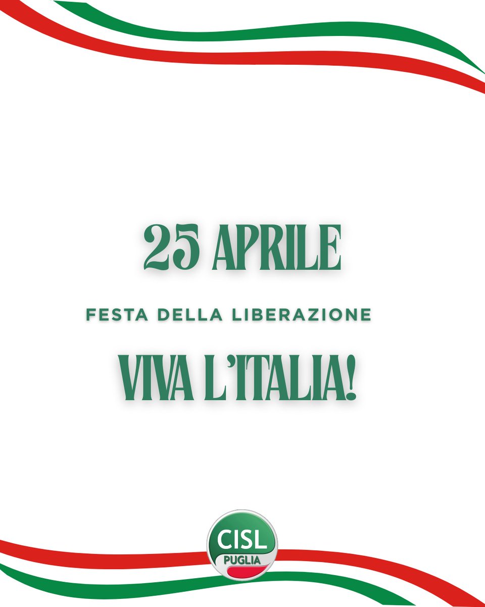 CislPuglia's tweet photo. #25aprile
Buona Festa della Liberazione! https://t.co/fOQoVer7u3