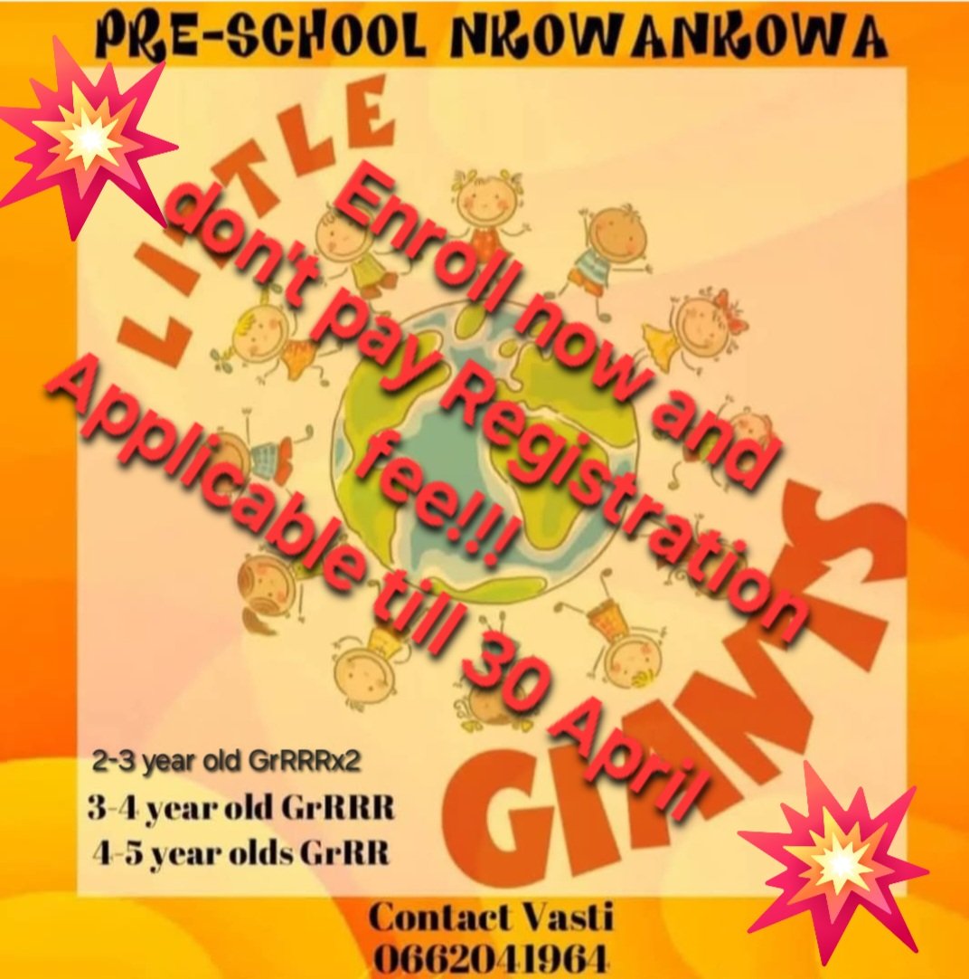 LittleGiantsNko's tweet image. ‼️‼️Enroll your child today and don't pay Registration fee, valid till 30 April 2025 ‼️‼️ 

Little Giants Pre-Primary school (Crèche)in Nkowankowa. English medium for 2-3, 3-4, and 4-5 year olds. Contact Mrs Walkinshaw #grrr #grrrr #learningshouldbefun #brightfuture
