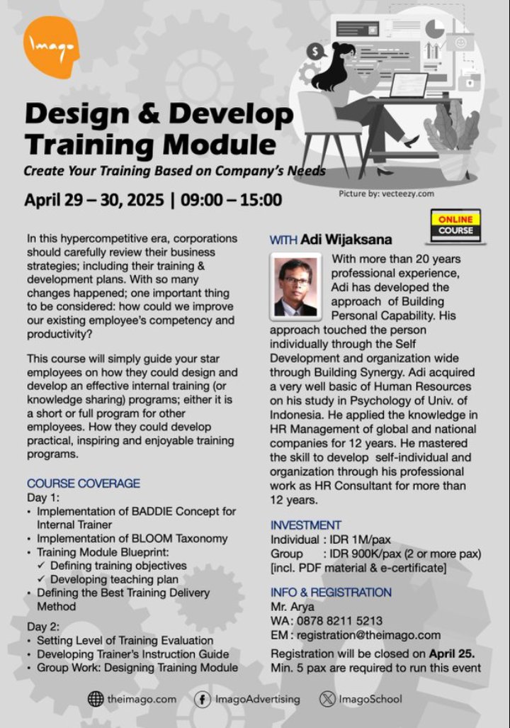 Design &amp; Develop Training Module | Adi Wijaksana | 29 - 30 April 2025 | 09.00 - 15.00 | Online Course | More info &amp; more Workshop: theimago.com