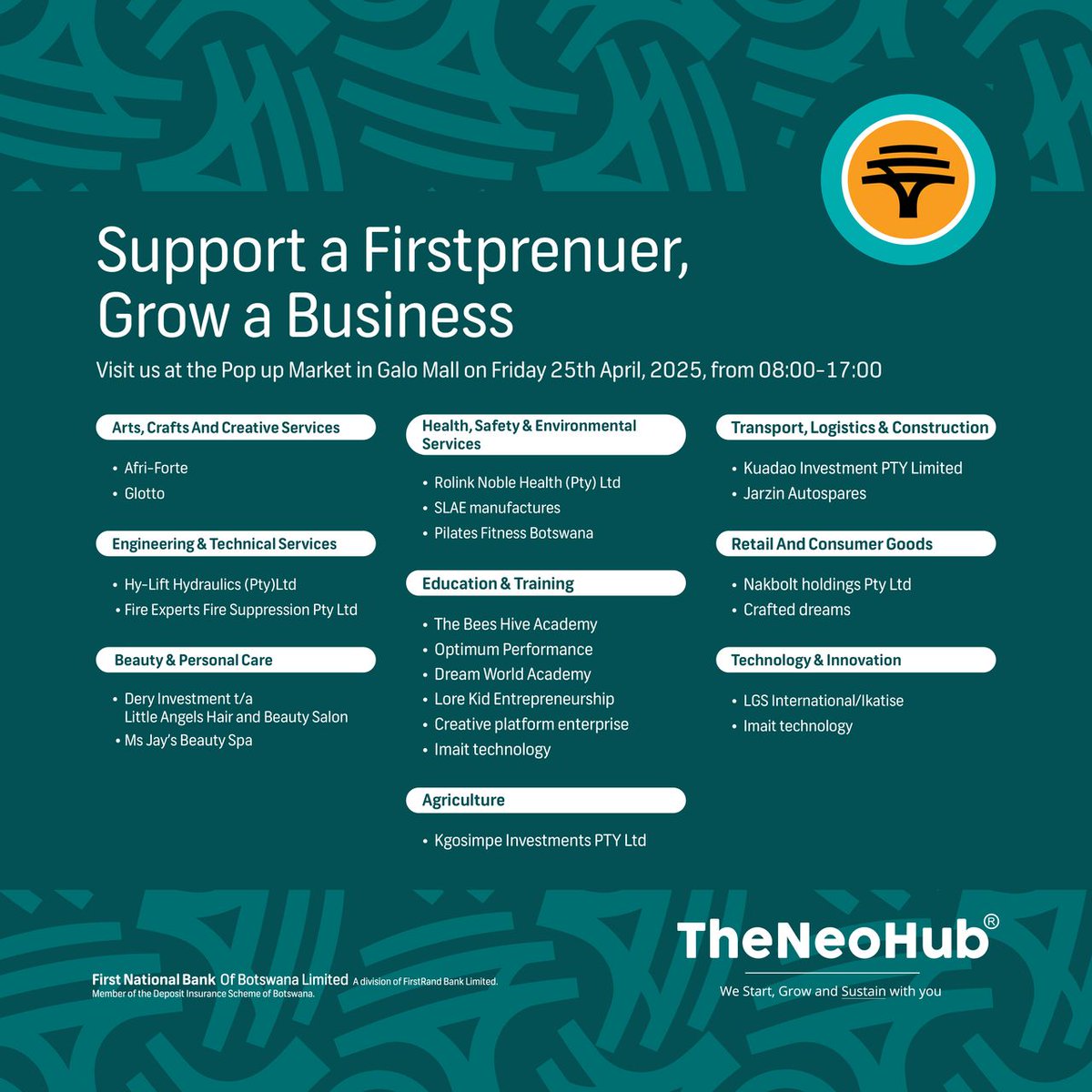 The FirstPreneur Pop-Up Market is live at Galo Mall, and local businesses are here, ready to connect with you.

Date: Friday, 25 April 2025
Time: 08:00 – 17:00
Venue: Galo Mall, Francistown

The Neo Hub | Powered by FNB

#FNBFirstPreneurs
#HelpChangesEverything
#LoveFNBB