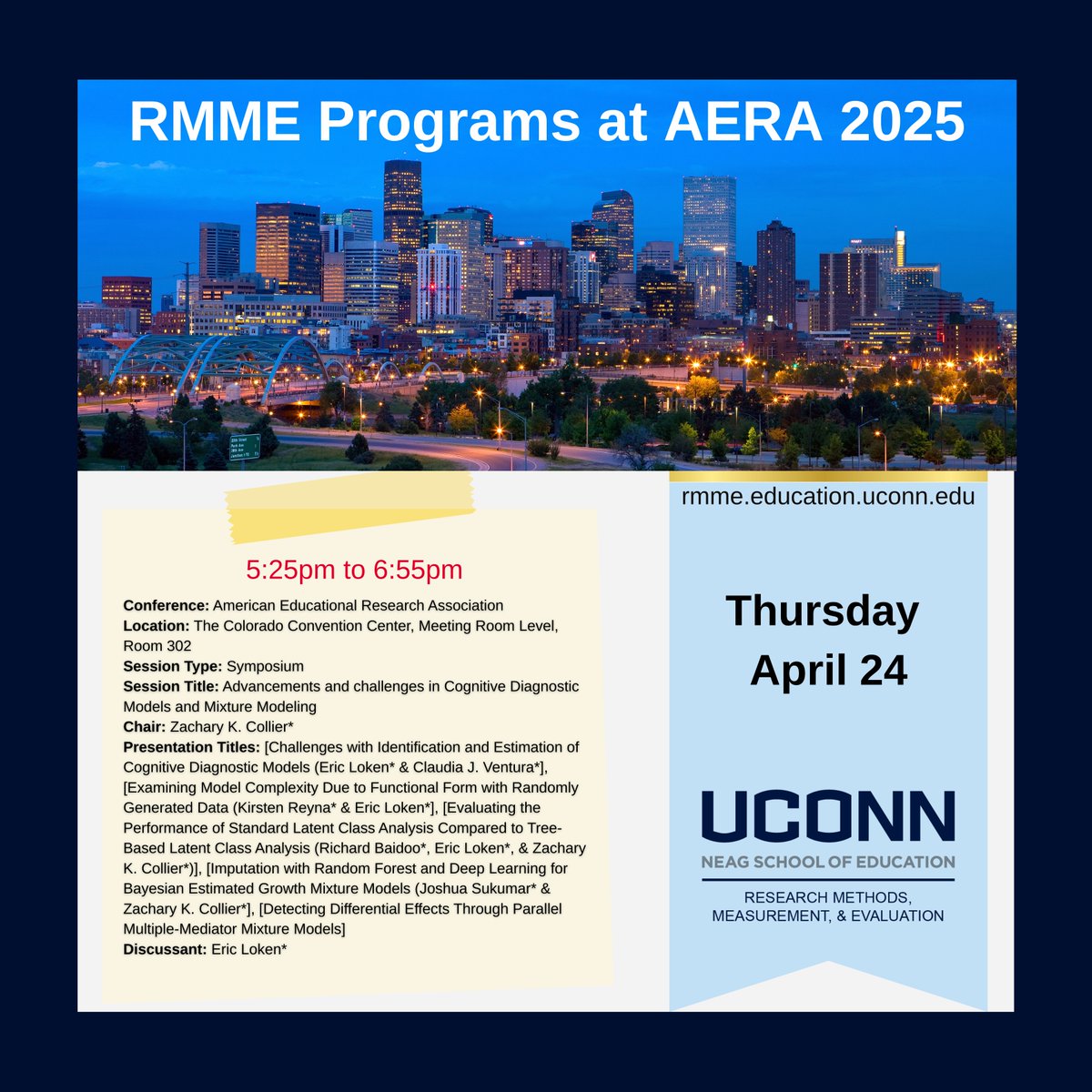 UConn_RMME's tweet photo. #Thursday at #AERA2025 and #NCME2025 in #Denver with the RMME Community!​

https://t.co/sA8EfwIDCe​
#UConn #Online #Research #Methods #Measurement #Evaluation​

@UConnNeag @AERA_EdResearch @NCME38 https://t.co/33W59rofgY