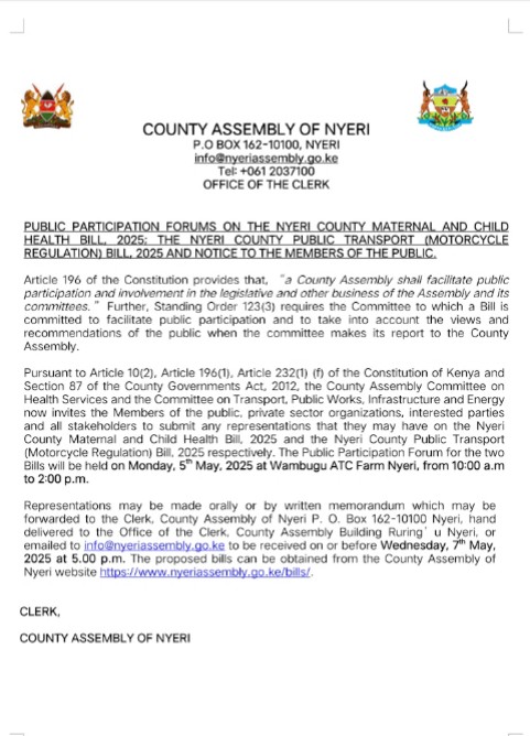 𝐂𝐀𝐋𝐋 𝐅𝐎𝐑 𝐏𝐔𝐁𝐋𝐈𝐂 𝐏𝐀𝐑𝐓𝐈𝐂𝐈𝐏𝐀𝐓𝐈𝐎𝐍
Please follow this link to obtain the bills.
nyeriassembly.go.ke/bills/