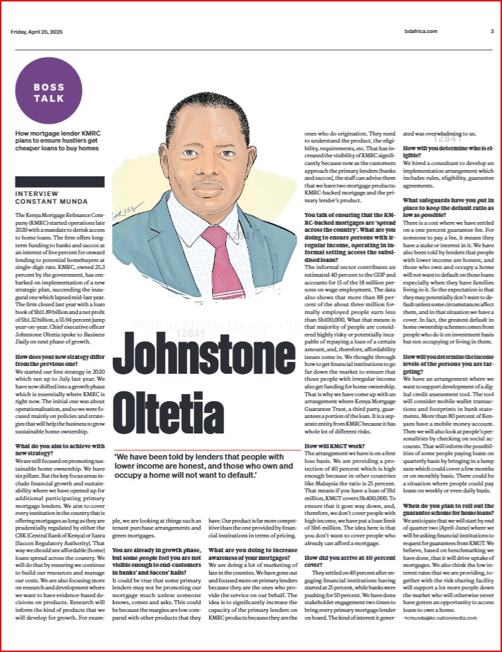 kmrc_co's tweet image. Did you know that the #informalsector constitutes 83.39% of KE's workforce  but faces challenges accessing credit? In today's @BD_Africa, our CEO @JOltetia explains how @kmrc_co is poised to ensure that the informal sector and low income borrowers affordably access #homeloans,