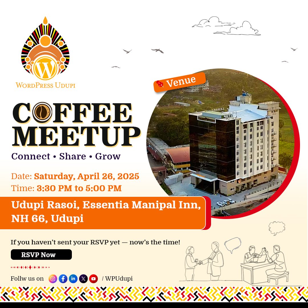WordPress Udupi is hosting a Coffee Meetup - An informal gathering to connect, share, and grow with fellow WordPress enthusiasts. 😍

Don’t miss out! RSVP now and let’s brew some conversations together!
👉🏻 meetup.com/wpudupi/events…

#WPUdupi #WordPress #Udupi