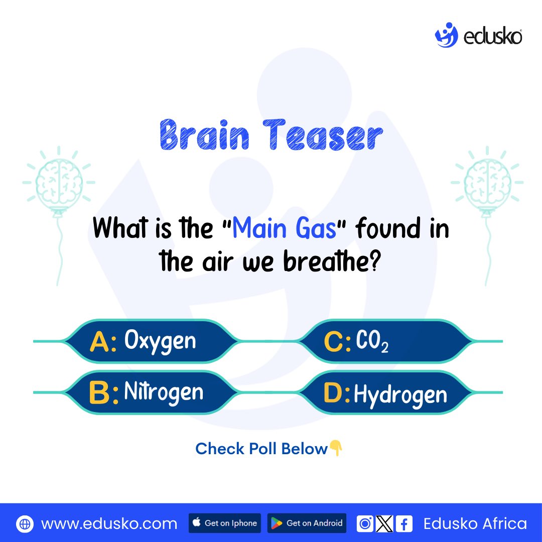 EduskoAfrica's tweet photo. Ever wondered what’s in the air we breathe?
Turns out, 78% of it is nitrogen.
Oxygen makes up just 21%.
#Education #Educational #SchoolTips
#Schools #SchoolAdmin #Edusko
#Instagram #InstaGood #Trending #FYP https://t.co/OHAQt2PYvZ
