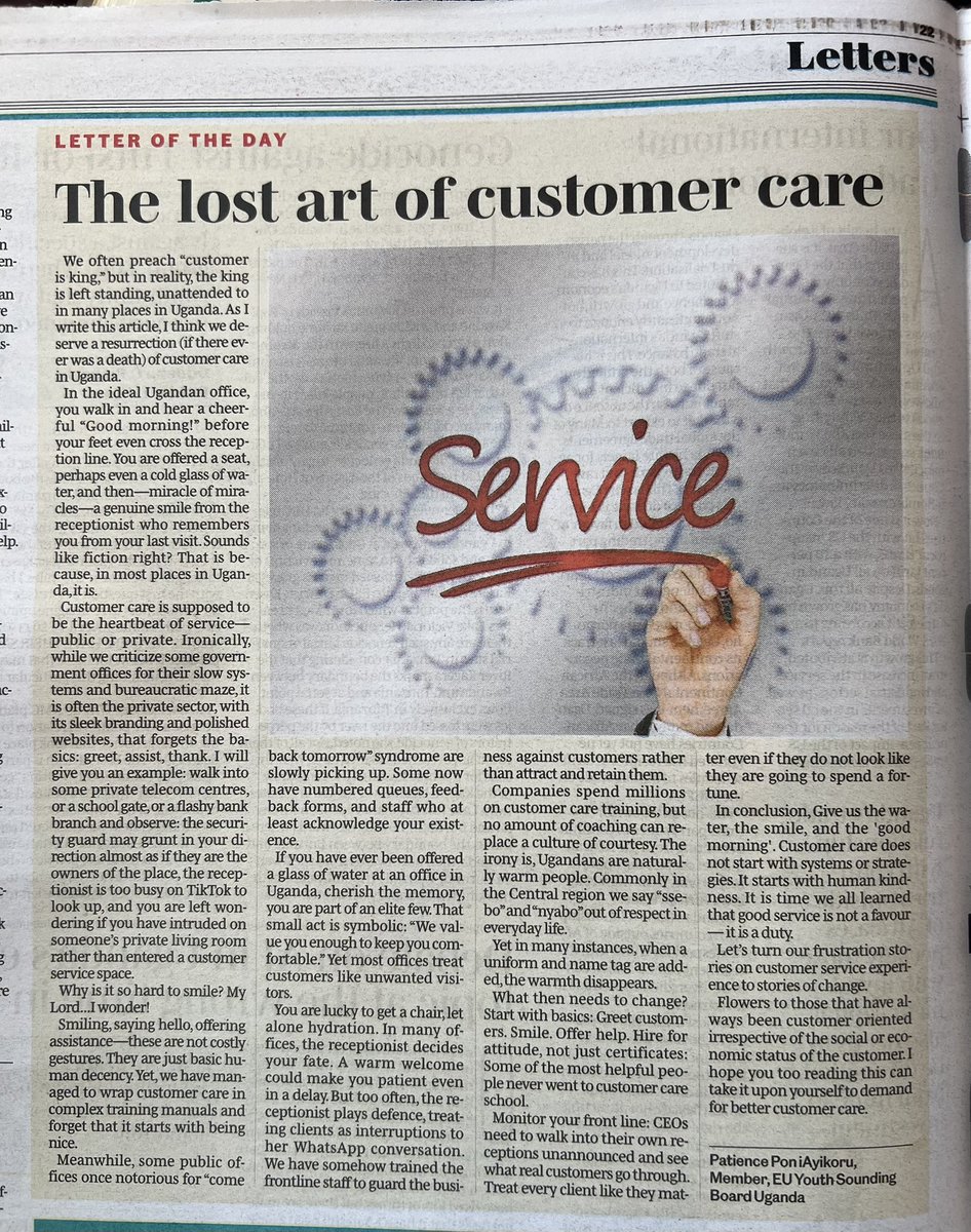 Patience Poni Ayikoru 👩🏿💼 (@peshponi) on Twitter photo In today’s Letter of the Day in <a href="/DailyMonitor/">Daily Monitor</a>, I write about Uganda’s lost art of customer care. Customer care is supposed to be the heartbeat of service—public or private. No amount of coaching can replace a culture of courtesy! Care to grab a copy of the papers 🗞️. In today’s Letter of the Day in <a href="/DailyMonitor/">Daily Monitor</a>, I write about Uganda’s lost art of customer care. Customer care is supposed to be the heartbeat of service—public or private. No amount of coaching can replace a culture of courtesy! Care to grab a copy of the papers 🗞️.