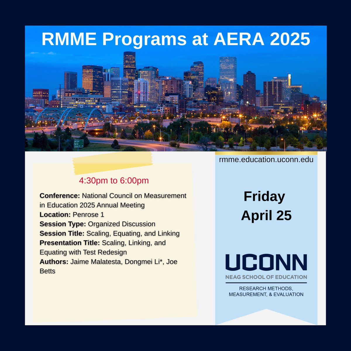 UConn_RMME's tweet photo. Join RMME for these awesome #Friday sessions at #AERA2025 and #NCME2025 in #Denver!​

https://t.co/sA8EfwI5MG​
#UConn #Online #Research #Methods #Measurement #Evaluation​

@UConnNeag @AERA_EdResearch @NCME38 https://t.co/D8is6rS0Wc