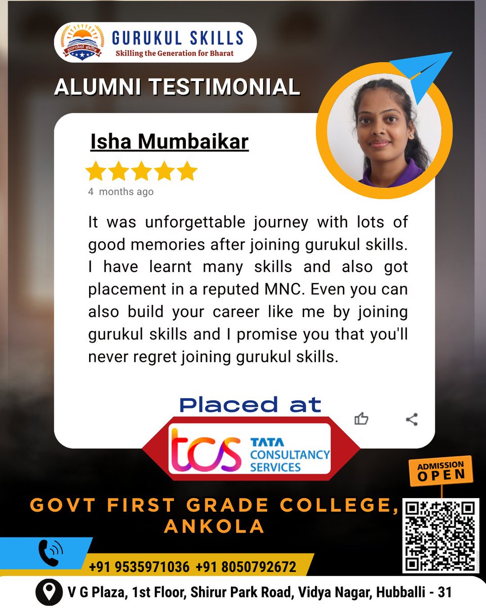 gurukul_skill's tweet image. 🌟 Alumni Spotlight – Isha Mumbaikar 🌟
From Govt First Grade College, Ankola to landing a role at TCS, Isha’s journey with Gurukul Skills is truly inspiring! 🚀

📞 9535971036 | 8050792672
🌐 gurukulskills.com
#TCSPlacement #GurukulSkills #TechJobs #SkillingBharat