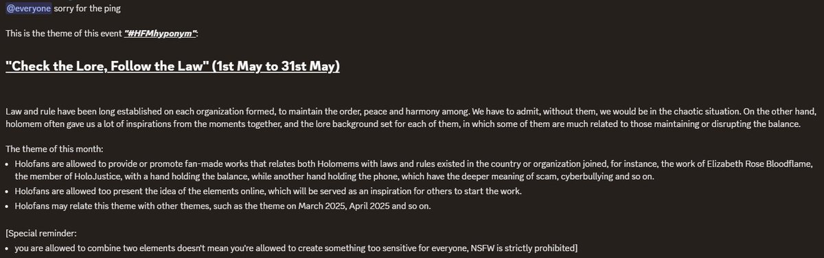 Holo_Fan_Making's tweet photo. #hololive 
#ホロライブ 
#HFMHyponym

We prepared to you the next theme for the monthly event, HFMHyponym, which is "Check the Lore, Follow the Law"!

Take note of the special reminder, or we won't take the work into collection. https://t.co/392Bn8L1j3