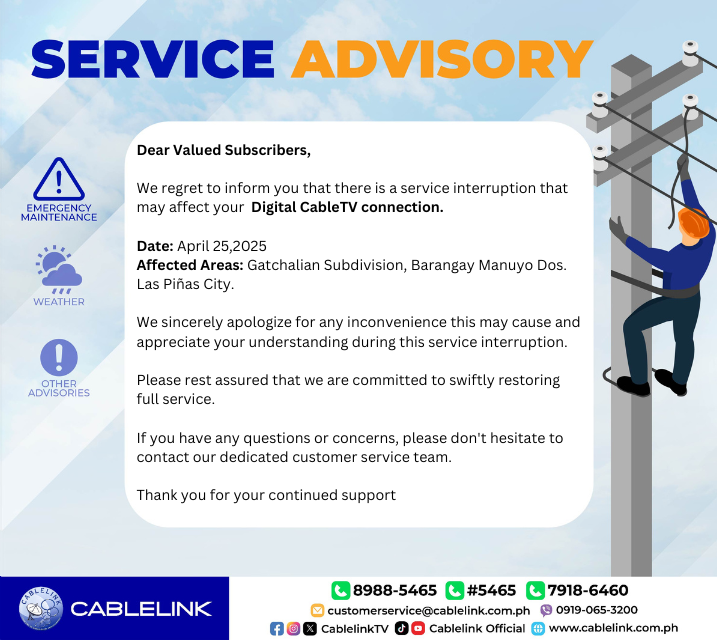 [SERVICE ADVISORY] 

We regret to inform you that there is a service interruption that affects your Cable TV connections.