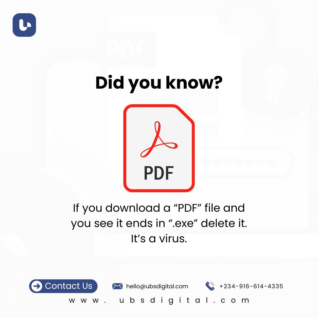 ubs_digital's tweet image. Did You Know?

If you download a “PDF” file and it ends in “.exe,” delete it immediately—it’s a virus! 🛡️

Stay safe online.

#CyberSecurity #OnlineSafety #DigitalTips #UBSDigital #StaySafeOnline #StaySafe #Onlinesecurity #Onlinebusiness #Entrepreneur