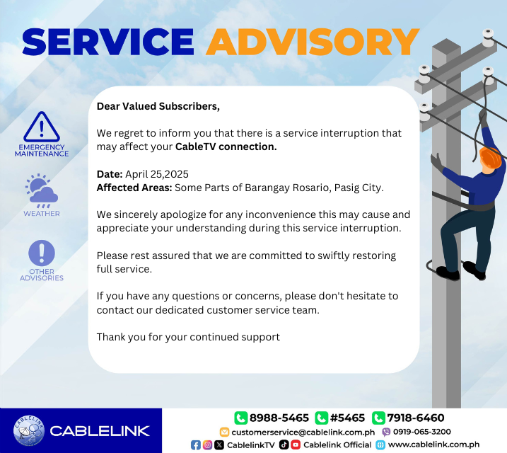 [SERVICE ADVISORY]

We regret to inform you that there is a service interruption that affects your Cable TV connections.