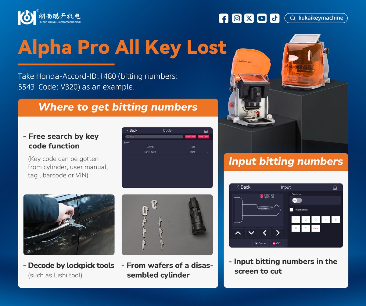 kukaikeymachine's tweet image. 𝗟𝗼𝘀𝘁 𝘁𝗵𝗲 𝗼𝗿𝗶𝗴𝗶𝗻𝗮𝗹 𝗸𝗲𝘆𝘀? 🔑 
Your ALL KEYS LOST Solution Alpha Pro is here! 🚨
✅ Free search by keycode function
✅ Decode by lockpick tools
✅ From wafers of a disassembled cylinder
📩 Contact us anytime
#keymachine #locksmith #allkeylost