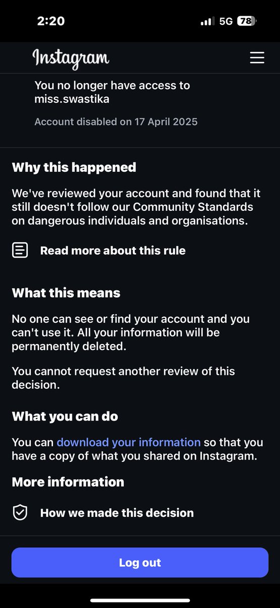 miss_swastika's tweet photo. Hey @Meta @facebook @instagram im a Meta Verified user and my account @miss.swastika was wrongfully disabled over nothing. No warnings,no context,and support won’t escalate. I’m on the edge of insanity and it’s causing turmoil #MetaVerified #InstagramSupport #WrongfullyDisabled https://t.co/KxaeUSZoHd