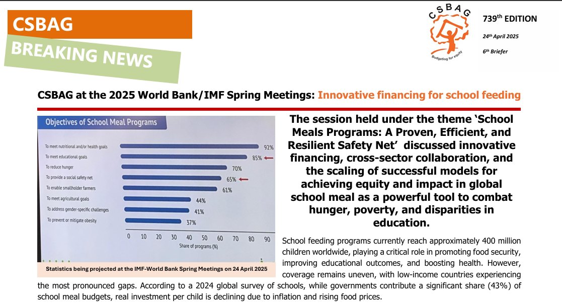 CSBAGUGANDA's tweet photo. Continuing to share updates from #WorldBankIMF meetings: The global debt crisis impacts 3 billion people, school meal programs need innovative financing, and the IMF projects global public debt to surge to 95.1% of GDP by 2025. Read more: https://t.co/sCq3a5yurk
#SMCSO25 https://t.co/pB10dGKvbu