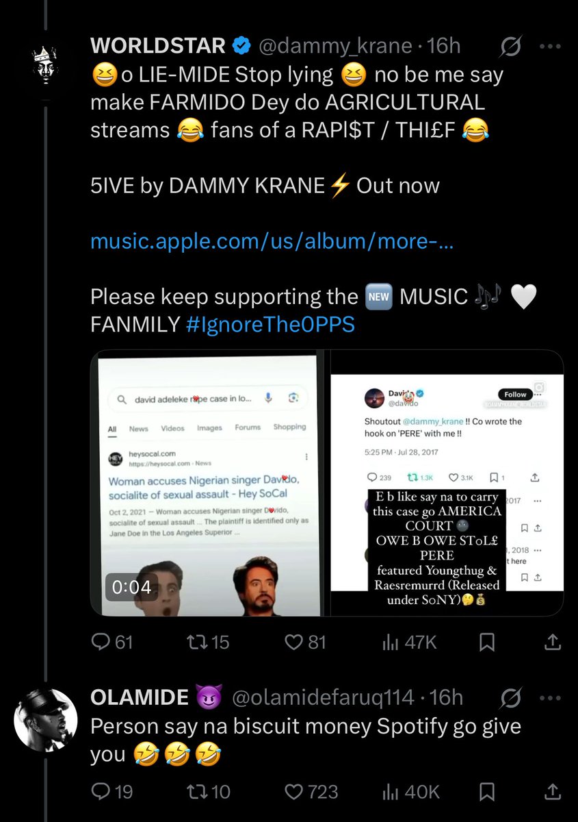 Alaba589's tweet photo. It all begins when Olamide said Dammy krane 5ive Album got 646 streams in one day😭 That’s how Dammy replied him that he’s not Davido who Farm stream🥶 he still post video that Davido stole some songs😗

Naso Olamide say “nah biscuit money Spotify go pay am”😂 
Wahala choke😂🤣 https://t.co/N9c6mrxGFo
