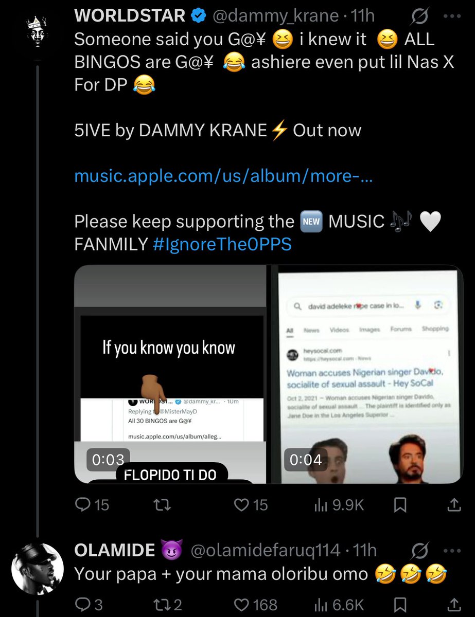 Alaba589's tweet photo. It all begins when Olamide said Dammy krane 5ive Album got 646 streams in one day😭 That’s how Dammy replied him that he’s not Davido who Farm stream🥶 he still post video that Davido stole some songs😗

Naso Olamide say “nah biscuit money Spotify go pay am”😂 
Wahala choke😂🤣 https://t.co/N9c6mrxGFo