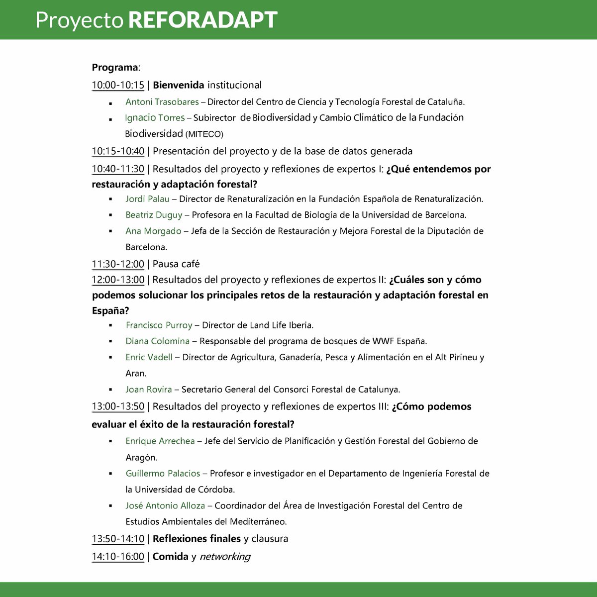 ctforestal's tweet photo. 📅Jornada Final #REFORADAPT, una iniciativa dedicada a recopilar y visibilizar experiencias de #restauración y #adaptación #forestal en España,
@FBiodiversidad @mitecogob #ProyectosFB
✍️Más información e inscripciones (hasta 30/4) en:
https://t.co/UsfFgSzSHh https://t.co/TBmK6L3hLS
